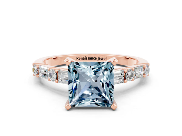 Rose gold Princess Cut Aquamarine Solitaire with Side Baguettes and Channel Set Band