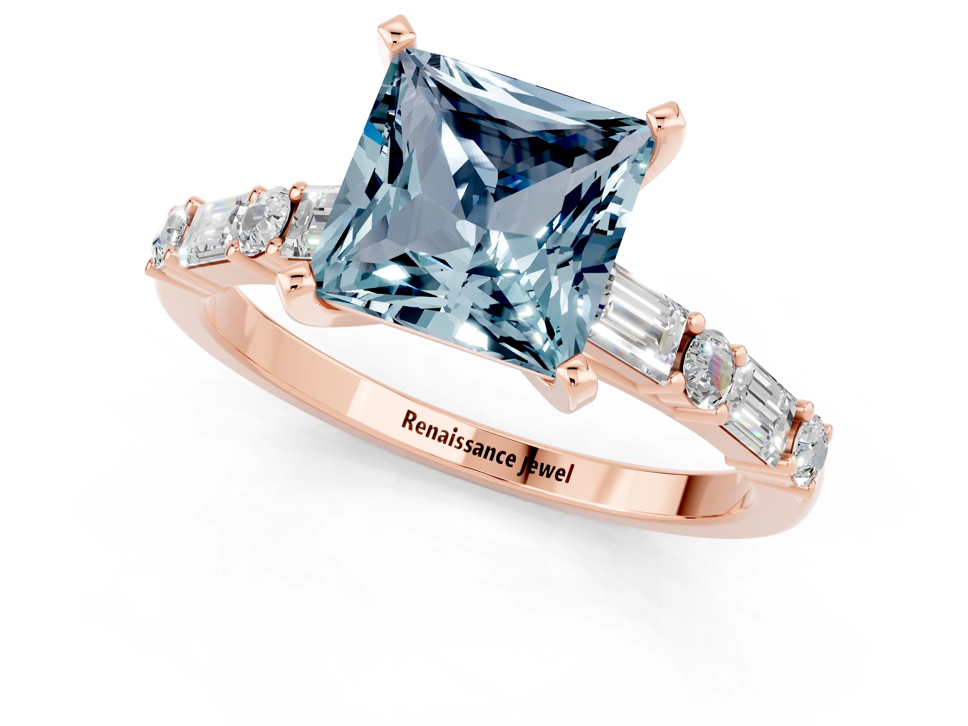 Rose gold Princess Cut Aquamarine Solitaire with Side Baguettes and Channel Set Band_1
