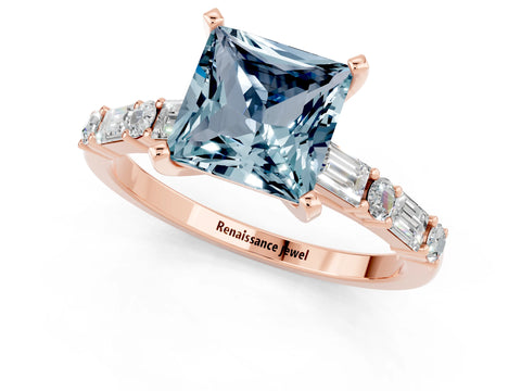 Rose gold Princess Cut Aquamarine Solitaire with Side Baguettes and Channel Set Band_1
