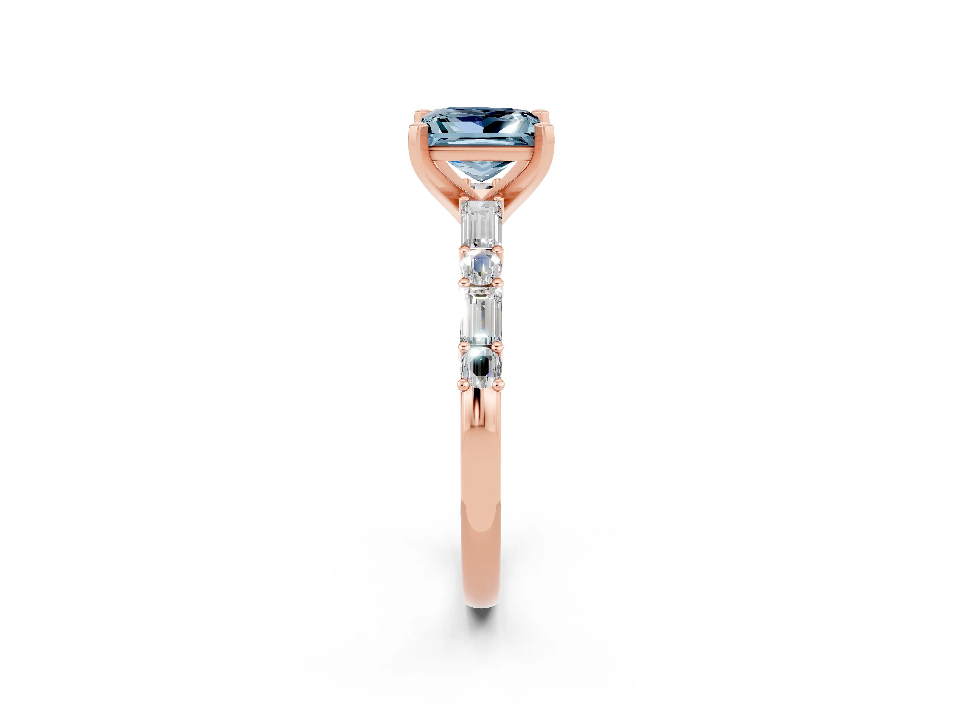 Rose gold Princess Cut Aquamarine Solitaire with Side Baguettes and Channel Set Band_2