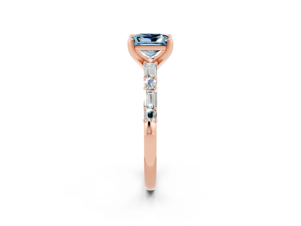 Rose gold Princess Cut Aquamarine Solitaire with Side Baguettes and Channel Set Band