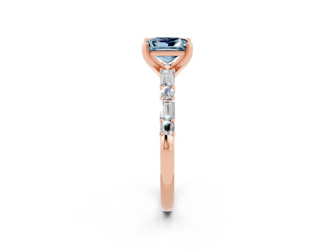 Rose gold Princess Cut Aquamarine Solitaire with Side Baguettes and Channel Set Band_2