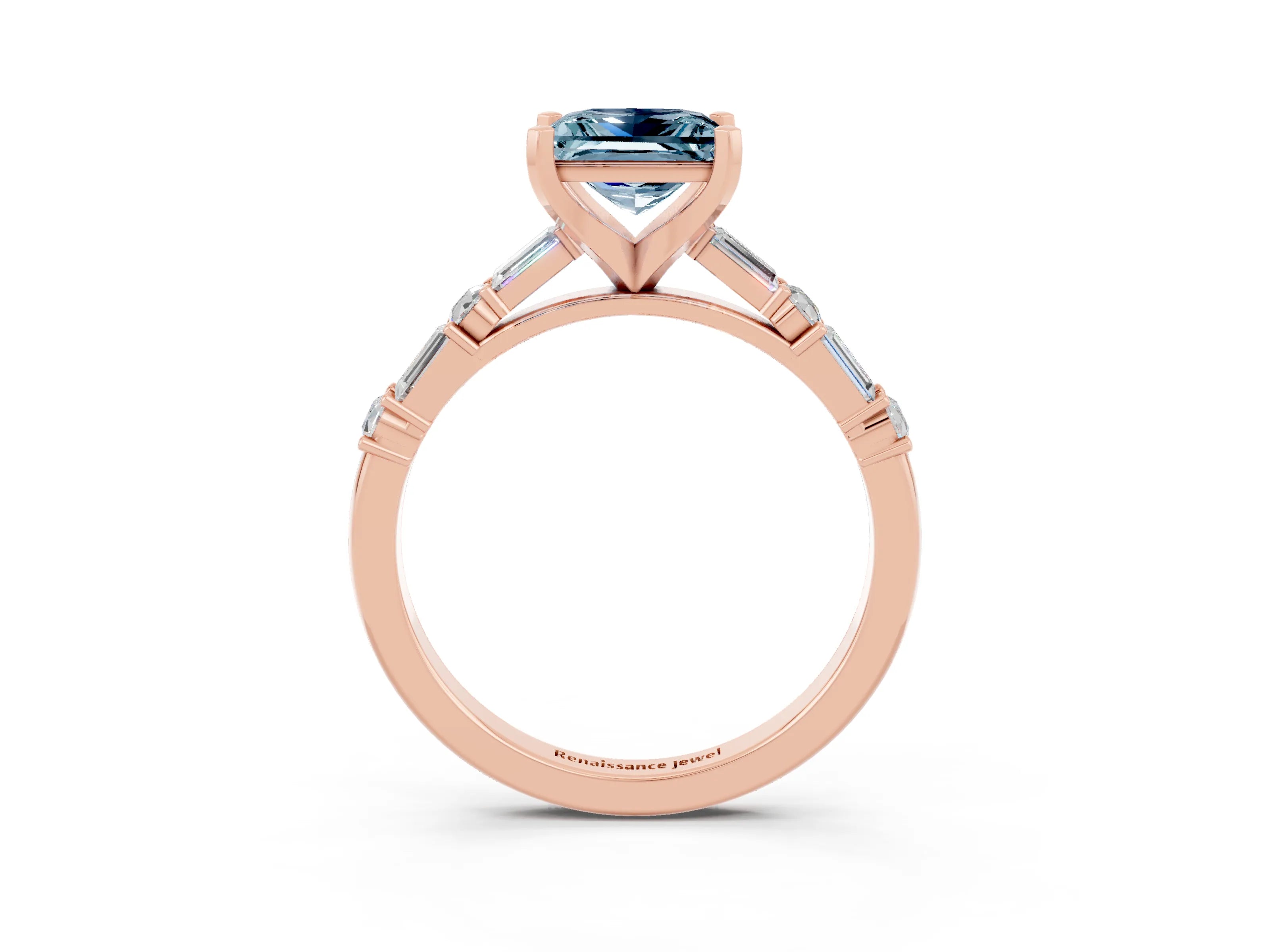 Rose gold Princess Cut Aquamarine Solitaire with Side Baguettes and Channel Set Band_3