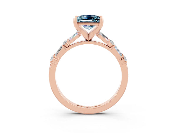 Rose gold Princess Cut Aquamarine Solitaire with Side Baguettes and Channel Set Band
