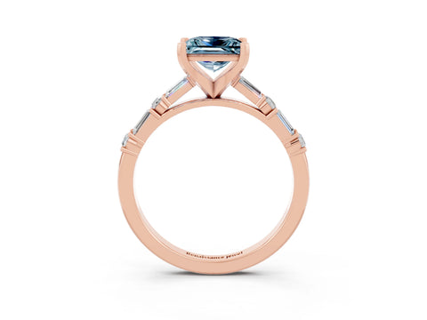 Rose gold Princess Cut Aquamarine Solitaire with Side Baguettes and Channel Set Band_3