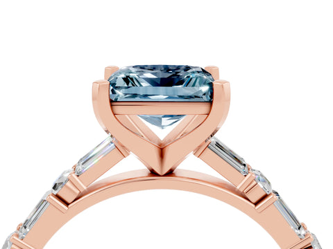 Rose gold Princess Cut Aquamarine Solitaire with Side Baguettes and Channel Set Band_4