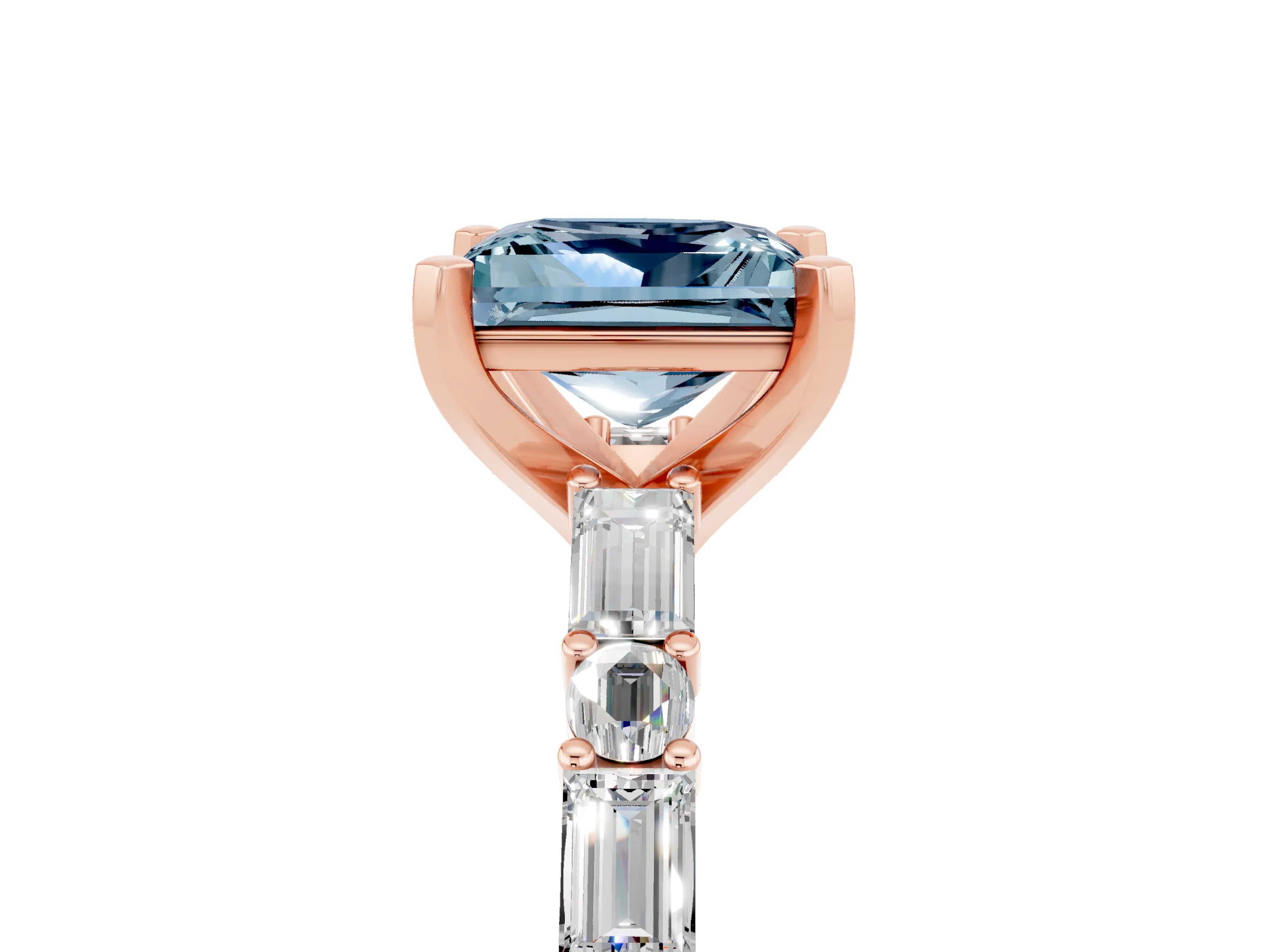 Rose gold Princess Cut Aquamarine Solitaire with Side Baguettes and Channel Set Band_5
