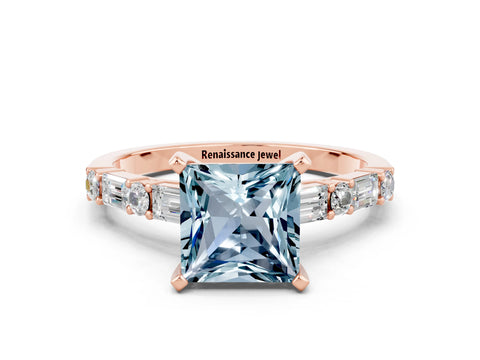 Rose gold Princess Cut Aquamarine Solitaire with Side Baguettes and Channel Set Band