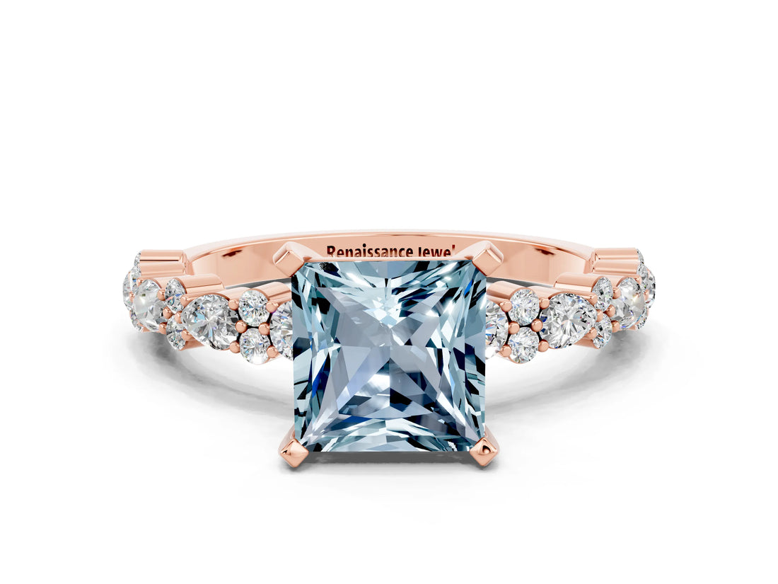 Rose gold Princess Cut Aquamarine Solitaire with Side Stones, Pave Band, Four-Prong Setting_36