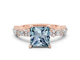 Rose gold Princess Cut Aquamarine Solitaire with Side Stones, Pave Band, Four-Prong Setting_36