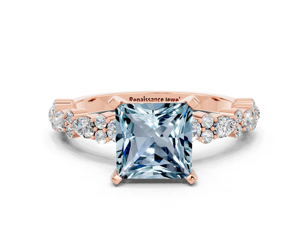 Rose gold Princess Cut Aquamarine Side Stone Solitaire Ring with Round  and Four-Prong Setting