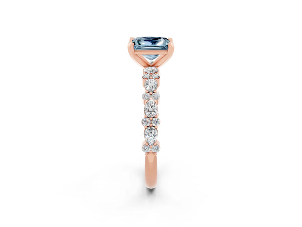 Rose gold Princess Cut Aquamarine Side Stone Solitaire Ring with Round  and Four-Prong Setting