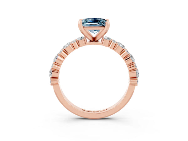 Rose gold Princess Cut Aquamarine Side Stone Solitaire Ring with Round  and Four-Prong Setting