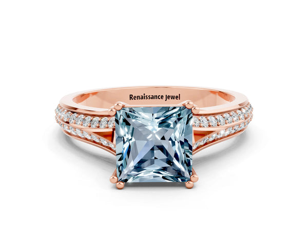 Rose gold Princess Cut Aquamarine Split Shank Engagement Ring with Pavé Band
