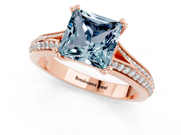 Rose gold Princess Cut Aquamarine Split Shank Engagement Ring with Pavé Band