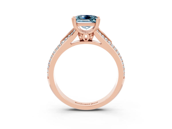 Rose gold Princess Cut Aquamarine Split Shank Engagement Ring with Pavé Band
