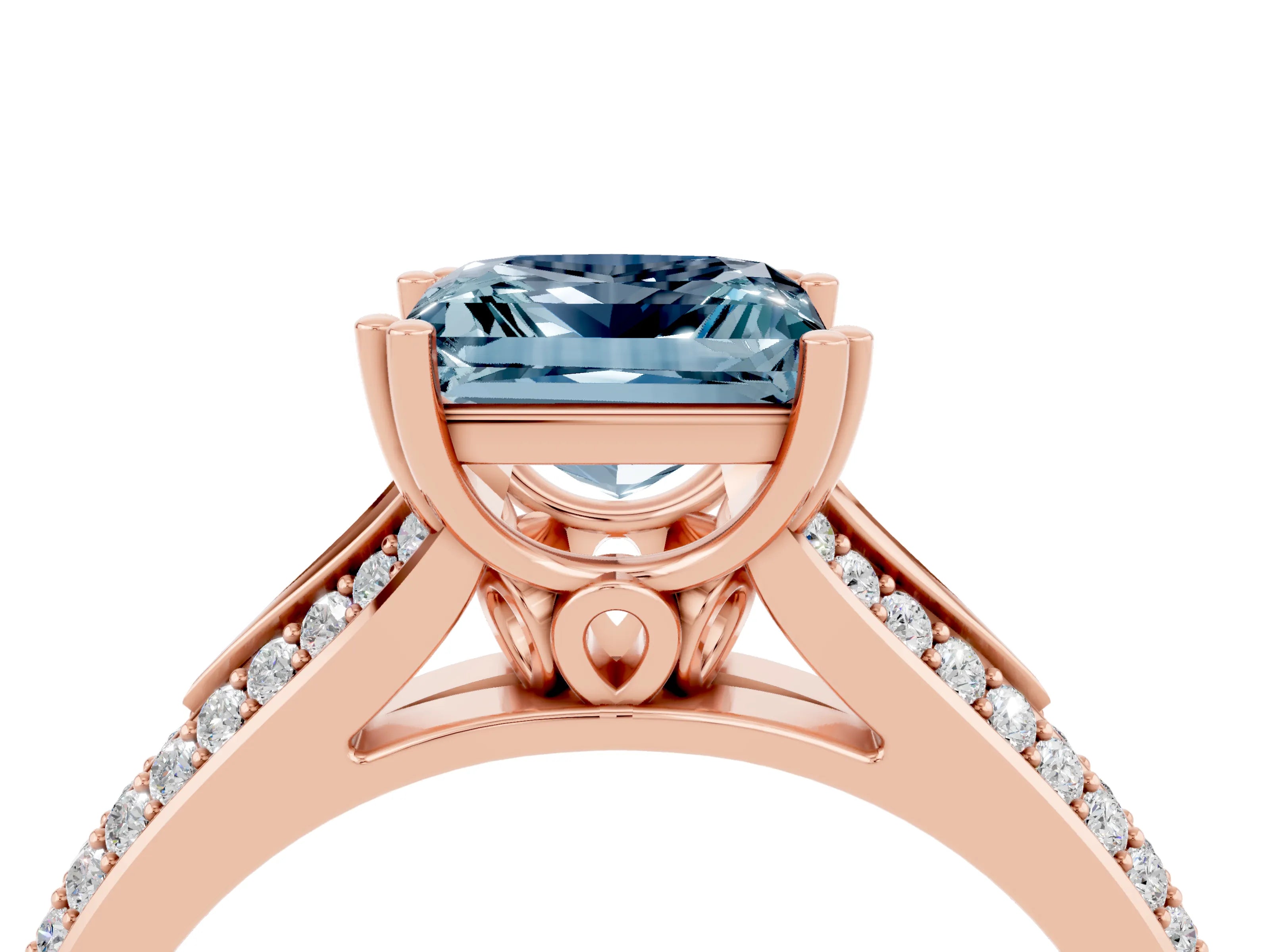 Rose gold Princess Cut Aquamarine Split Shank Engagement Ring with Pavé Band_4