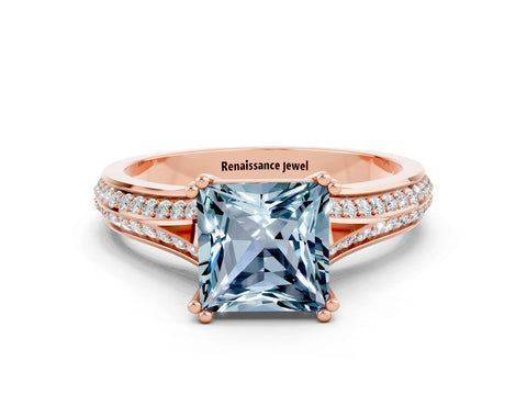 Rose gold Princess Cut Aquamarine Split Shank Engagement Ring with Pavé Band
