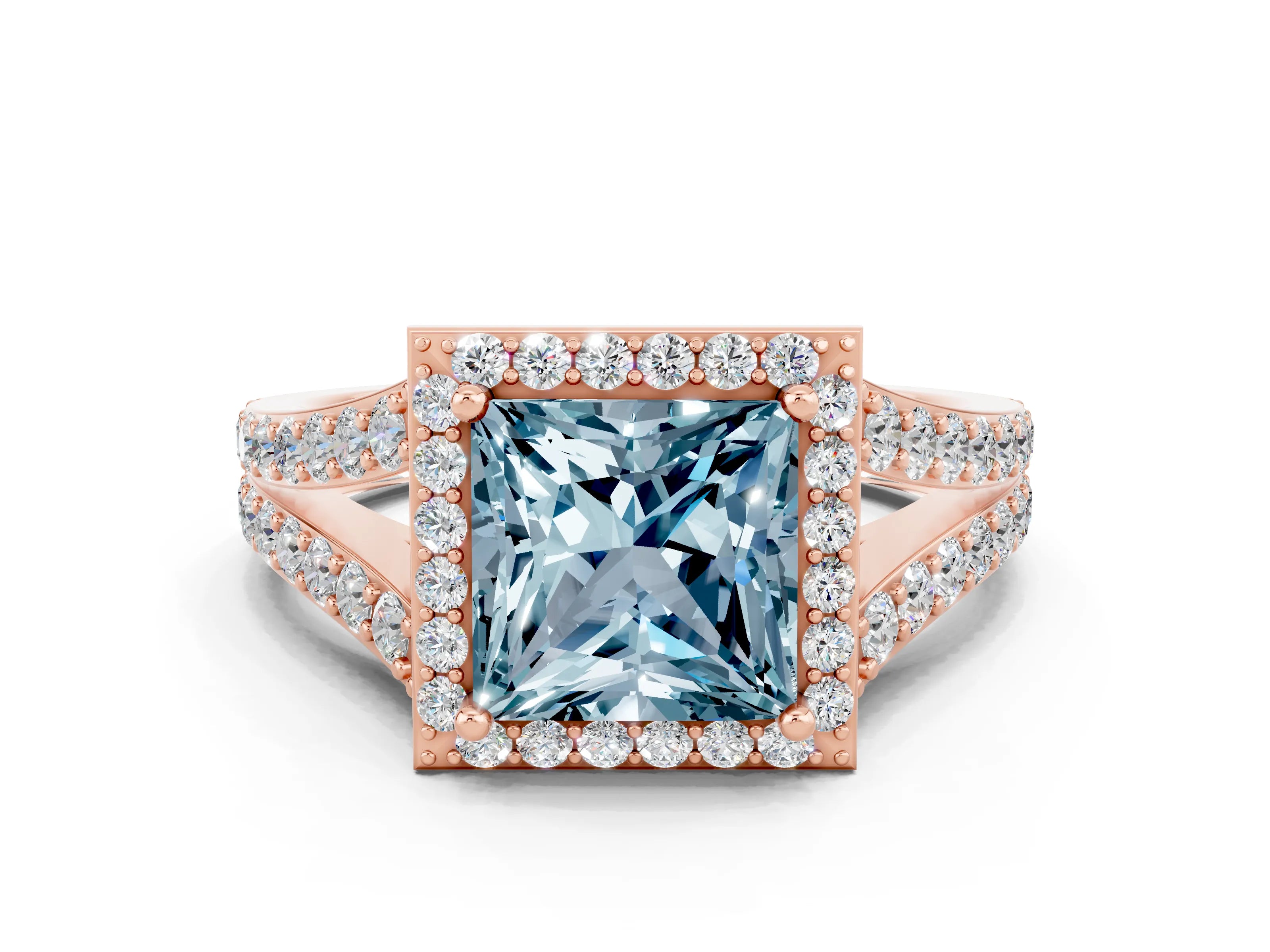 Rose gold Princess Cut Aquamarine Split Shank Halo Ring with Four-Prong Setting_12
