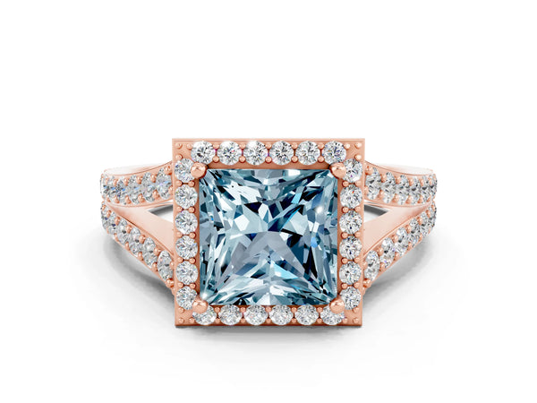 Rose gold Princess Cut Aquamarine Split Shank Halo Ring with Four-Prong Setting