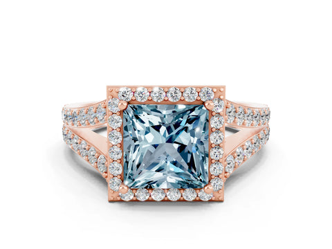 Rose gold Princess Cut Aquamarine Split Shank Halo Ring with Four-Prong Setting_12