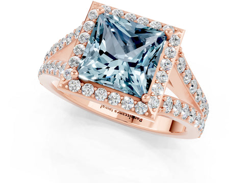 Rose gold Princess Cut Aquamarine Split Shank Halo Ring with Four-Prong Setting_13