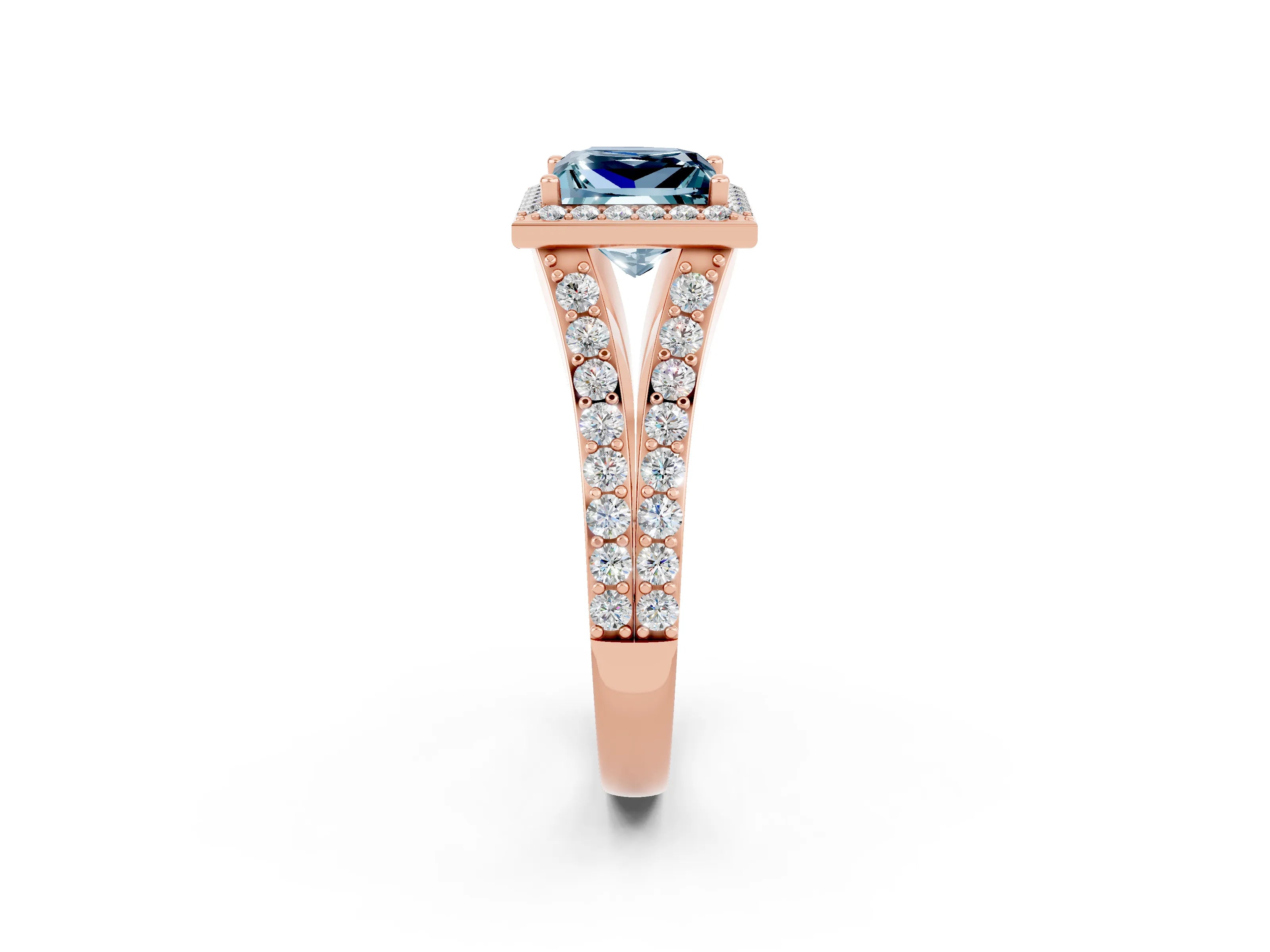 Rose gold Princess Cut Aquamarine Split Shank Halo Ring with Four-Prong Setting_14
