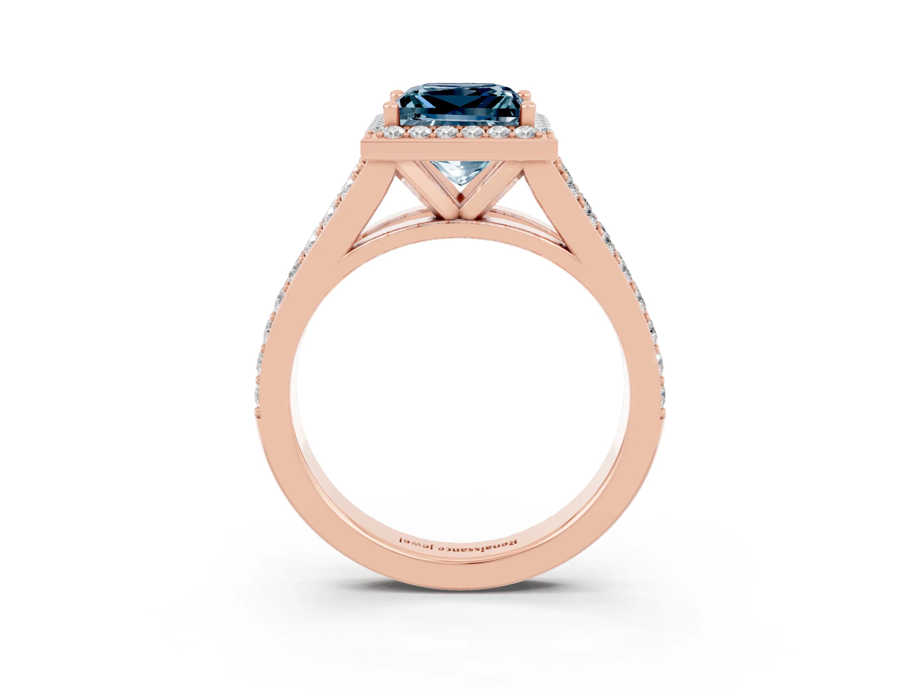 Rose gold Princess Cut Aquamarine Split Shank Halo Ring with Four-Prong Setting_15