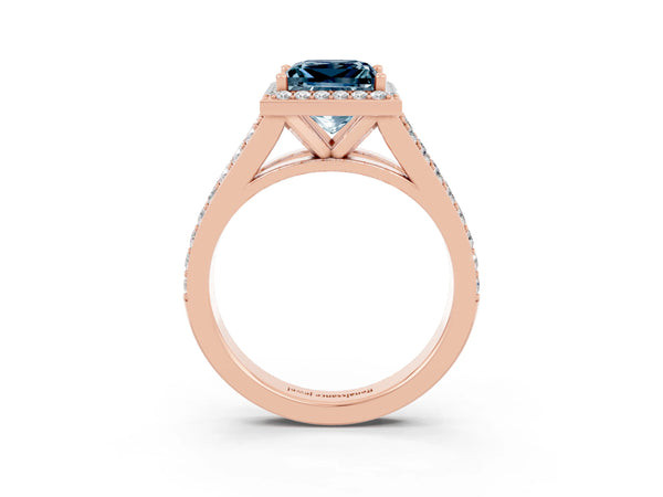 Rose gold Princess Cut Aquamarine Split Shank Halo Ring with Four-Prong Setting