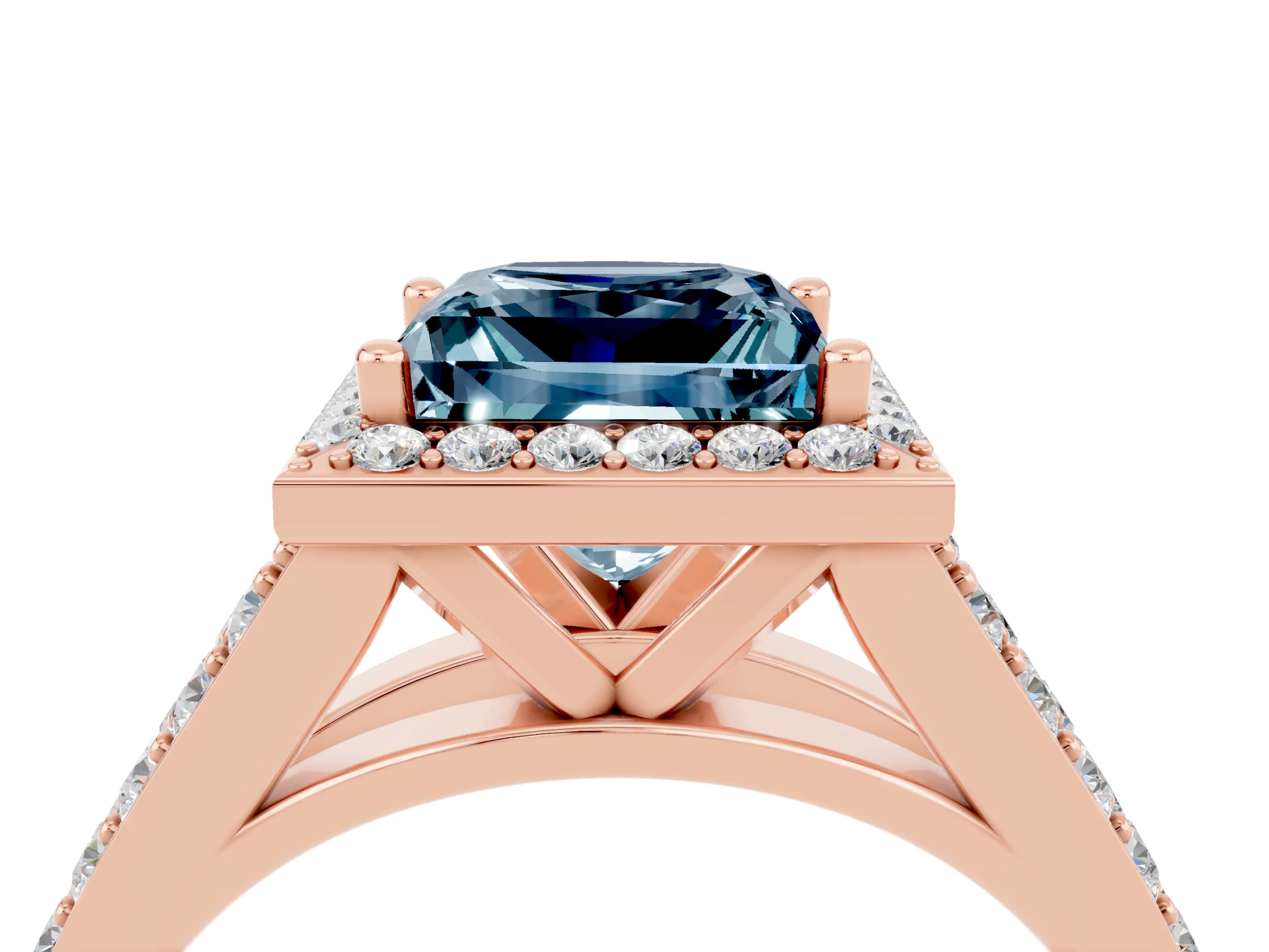 Rose gold Princess Cut Aquamarine Split Shank Halo Ring with Four-Prong Setting_16