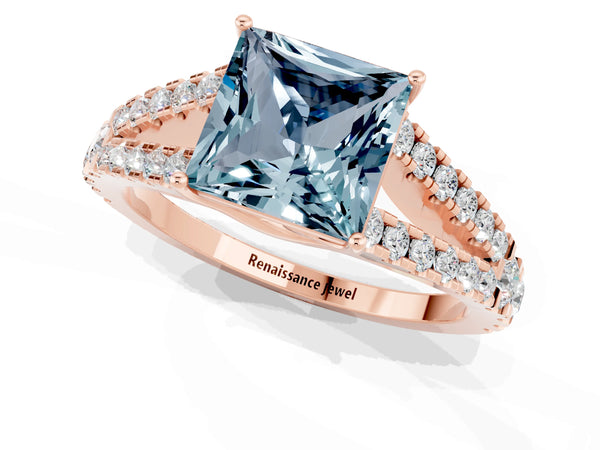 Rose gold Princess Cut Aquamarine Split Shank Pavé Engagement Ring with Four-Prong Setting