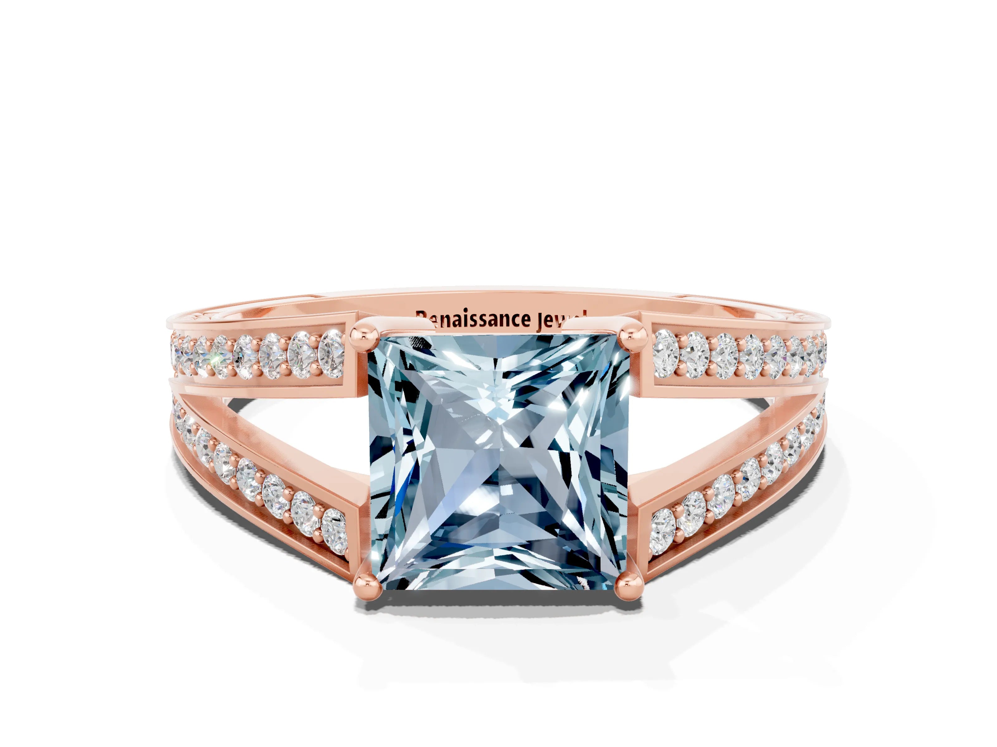 Rose gold Princess Cut Aquamarine Split Shank Ring with Pavé Band and Four-Prong Setting