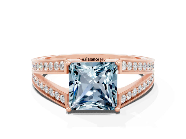 Rose gold Princess Cut Aquamarine Split Shank Ring with Pavé Band and Four-Prong Setting