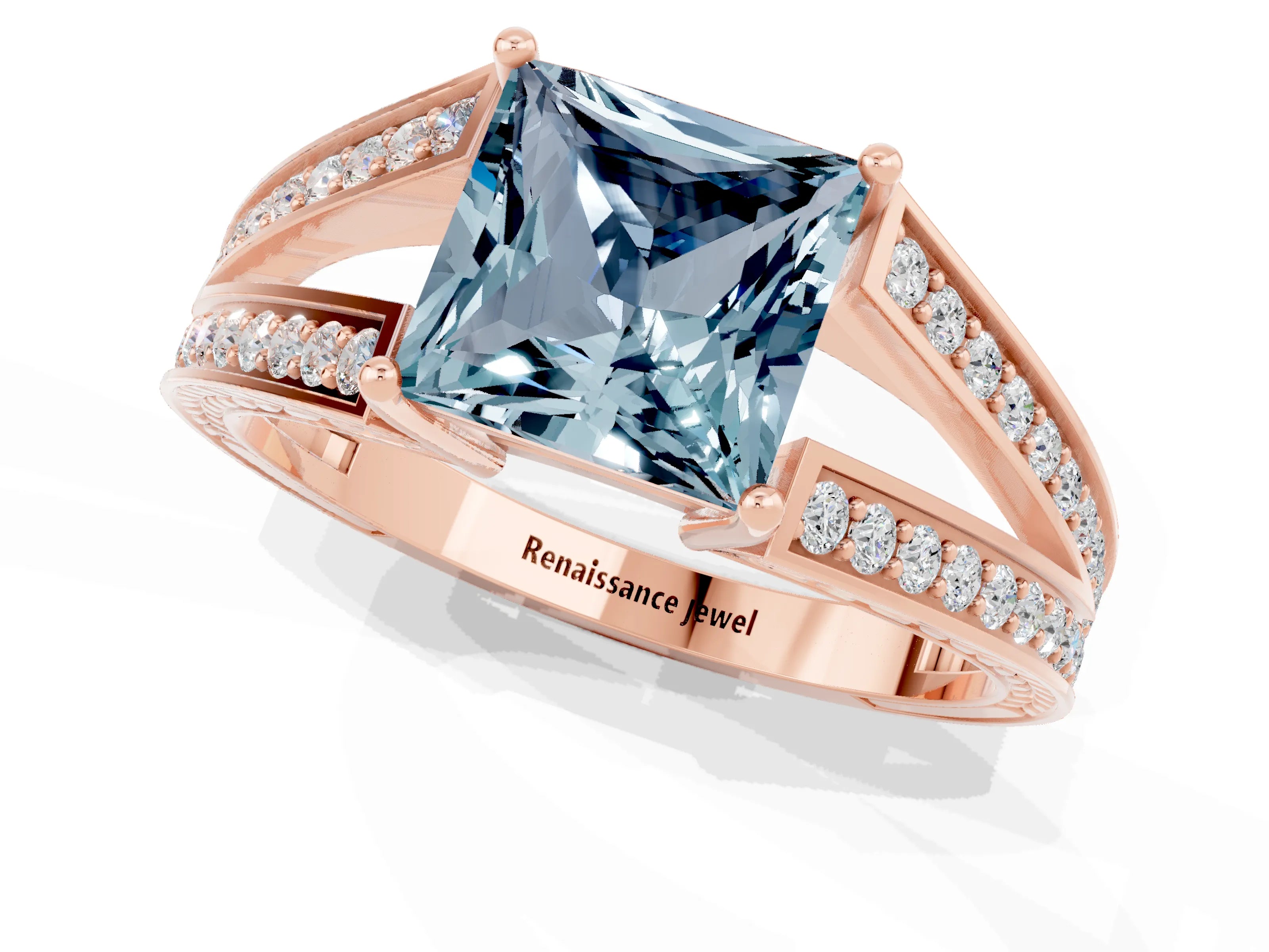 Rose gold Princess Cut Aquamarine Split Shank Ring with Pavé Band and Four-Prong Setting_1