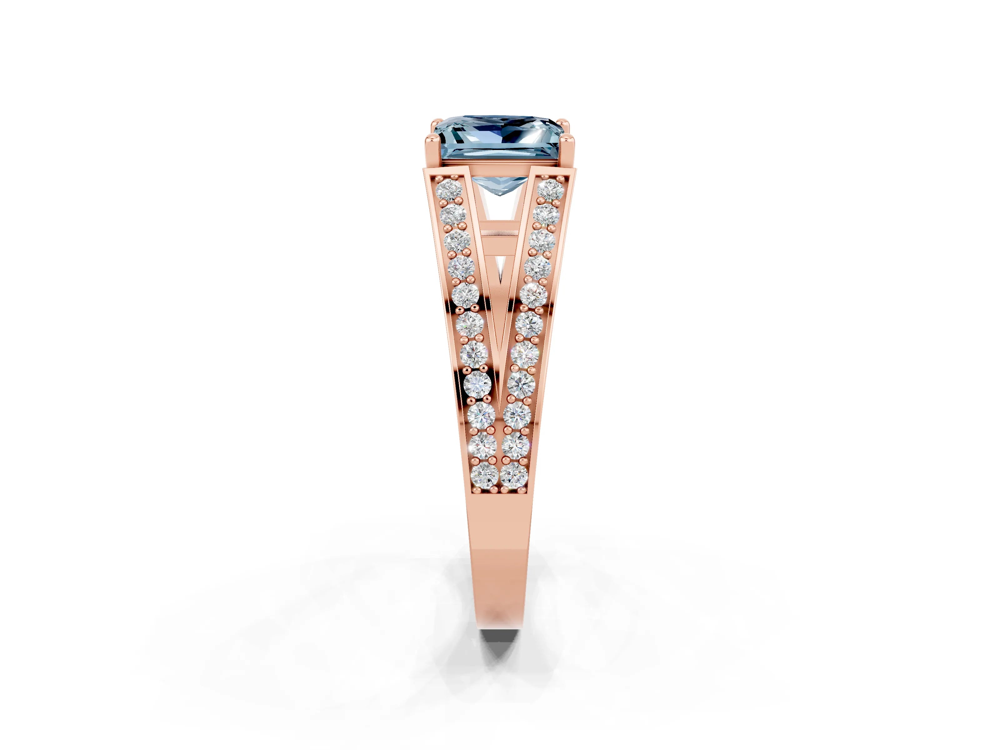Rose gold Princess Cut Aquamarine Split Shank Ring with Pavé Band and Four-Prong Setting_2