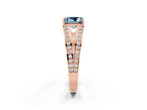 Rose gold Princess Cut Aquamarine Split Shank Ring with Pavé Band and Four-Prong Setting