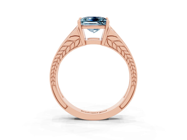 Rose gold Princess Cut Aquamarine Split Shank Ring with Pavé Band and Four-Prong Setting