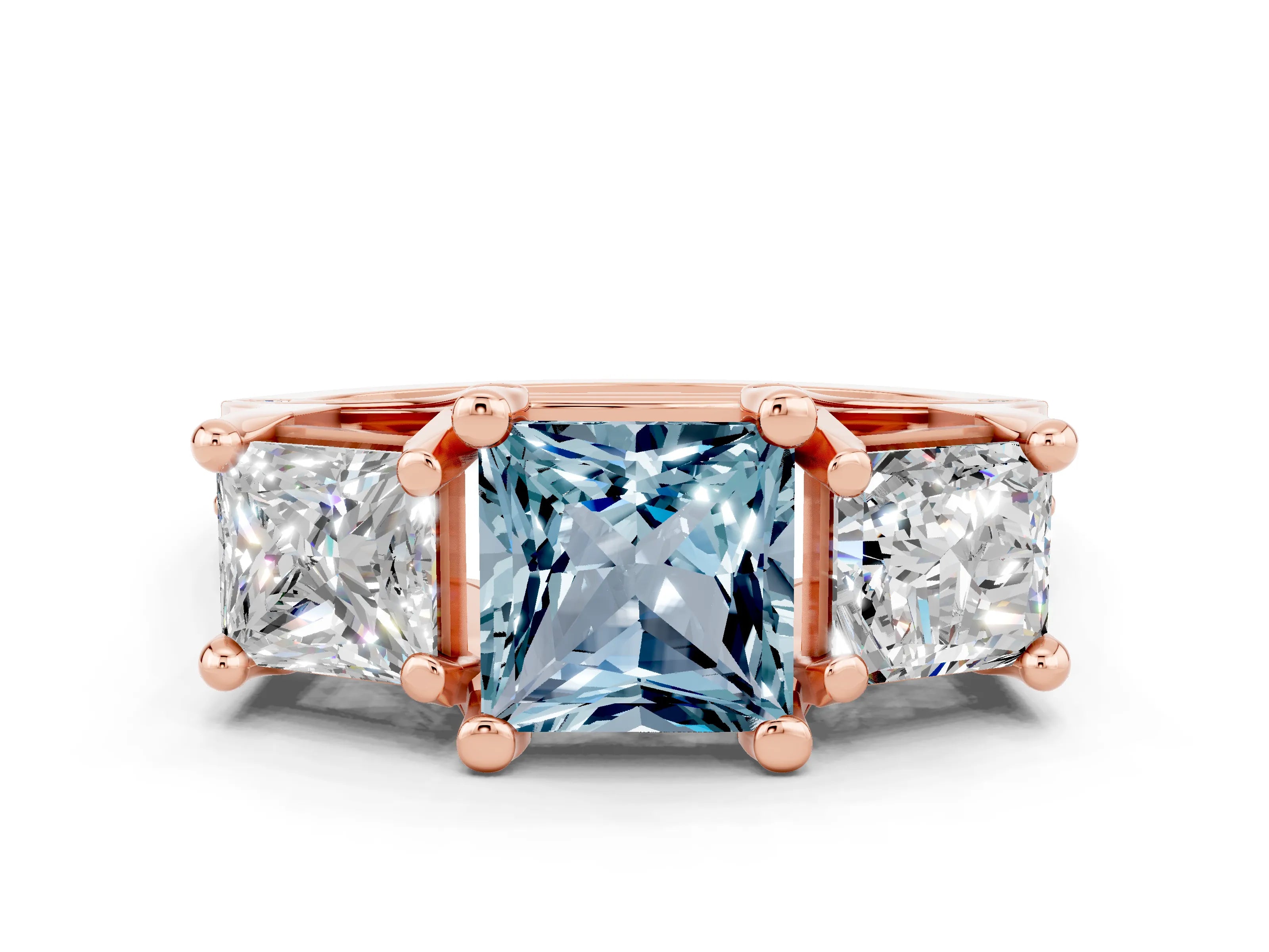 Rose gold Princess Cut Aquamarine Three-Stone Ring with Channel Set Band and Four-Prong Setting