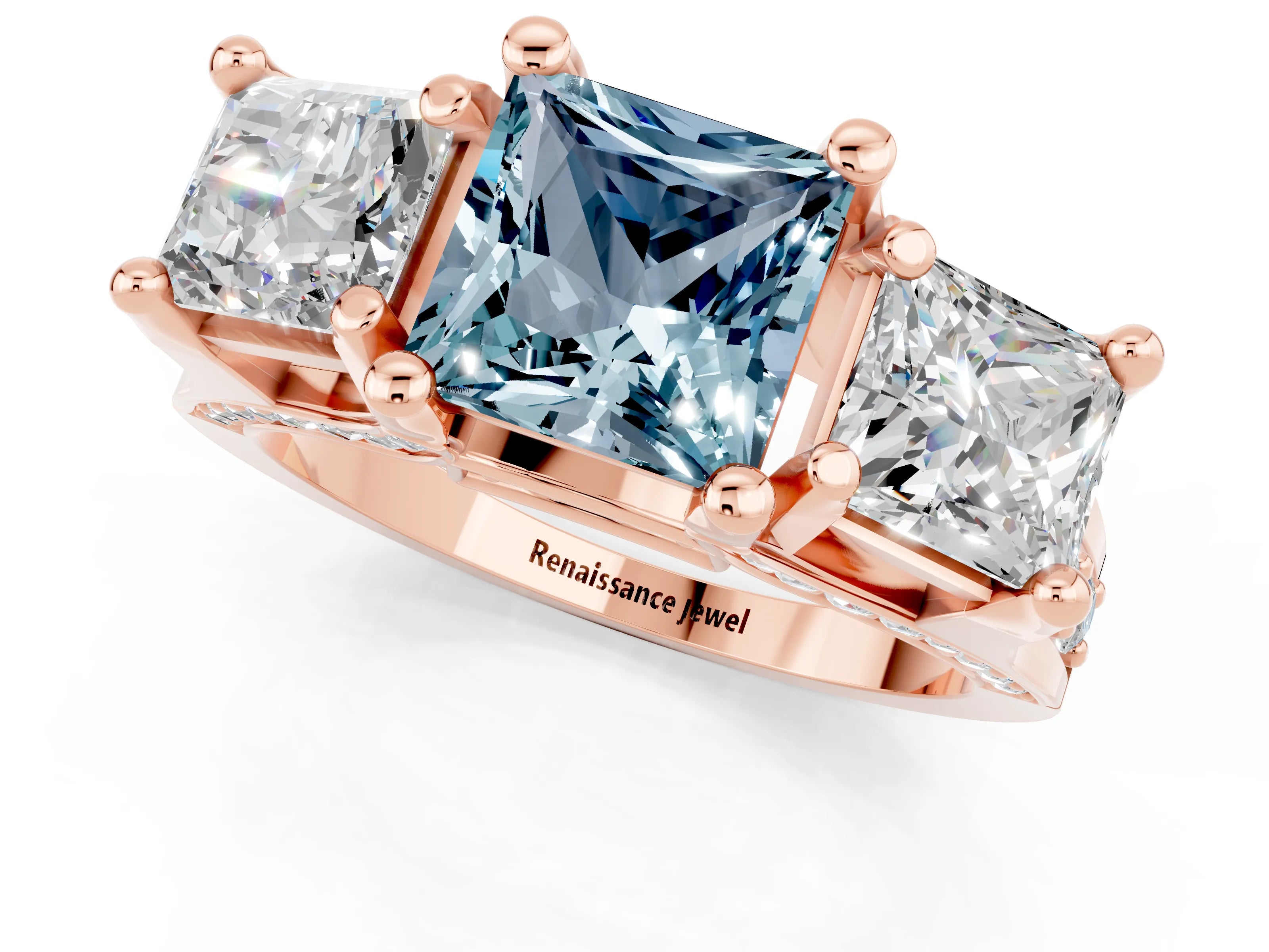 Rose gold Princess Cut Aquamarine Three-Stone Ring with Channel Set Band and Four-Prong Setting_1