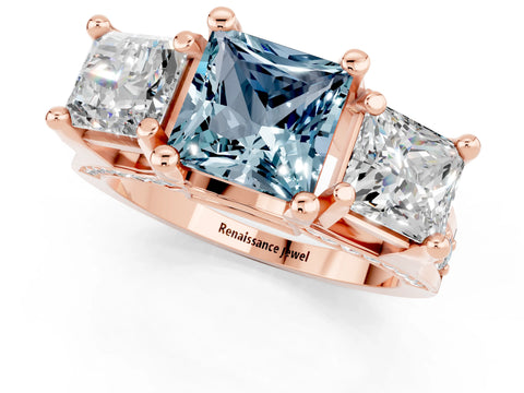 Rose gold Princess Cut Aquamarine Three-Stone Ring with Channel Set Band and Four-Prong Setting_1