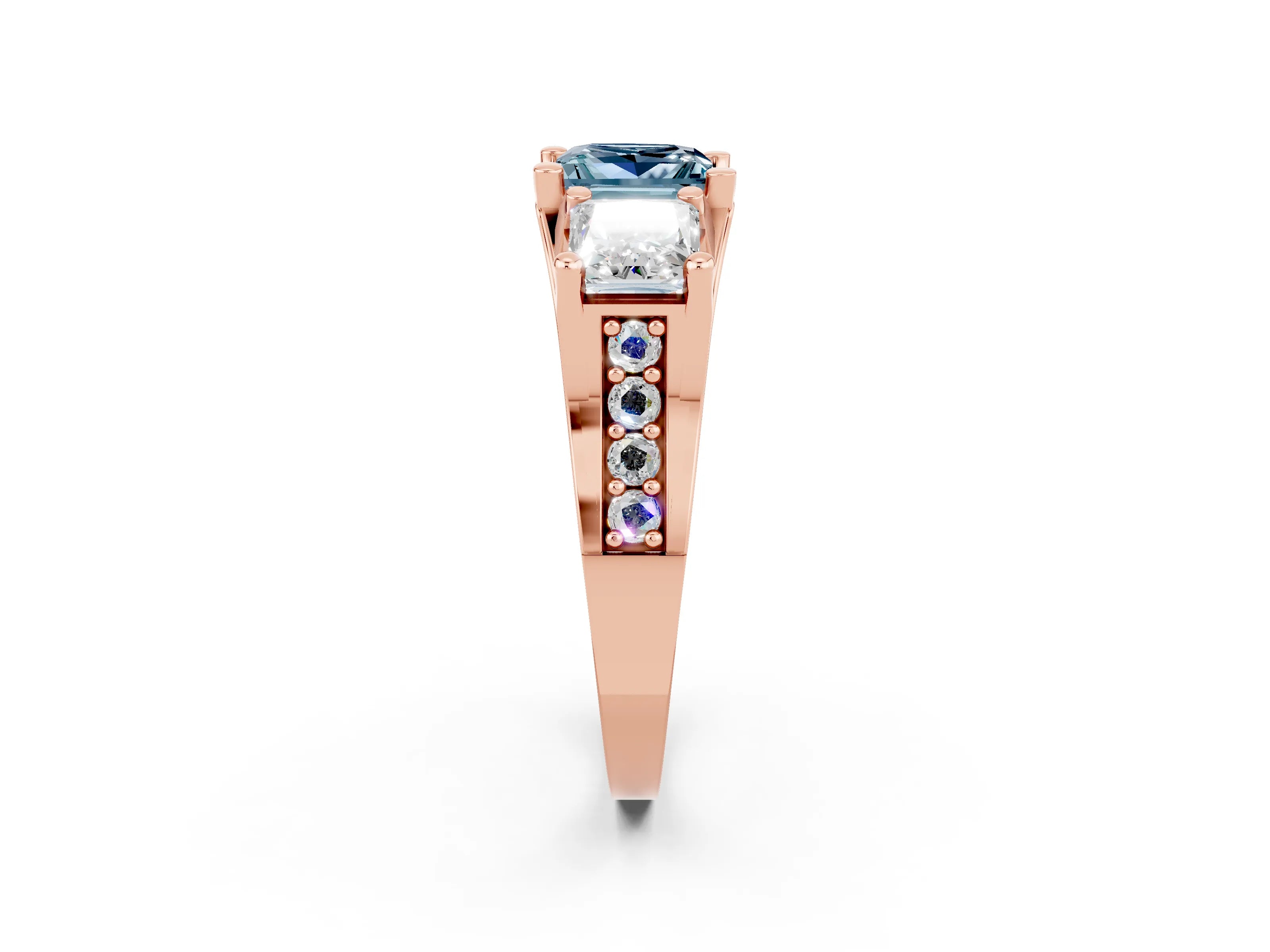 Rose gold Princess Cut Aquamarine Three-Stone Ring with Channel Set Band and Four-Prong Setting_2