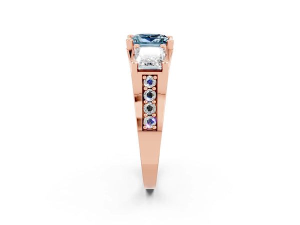 Rose gold Princess Cut Aquamarine Three-Stone Ring with Channel Set Band and Four-Prong Setting
