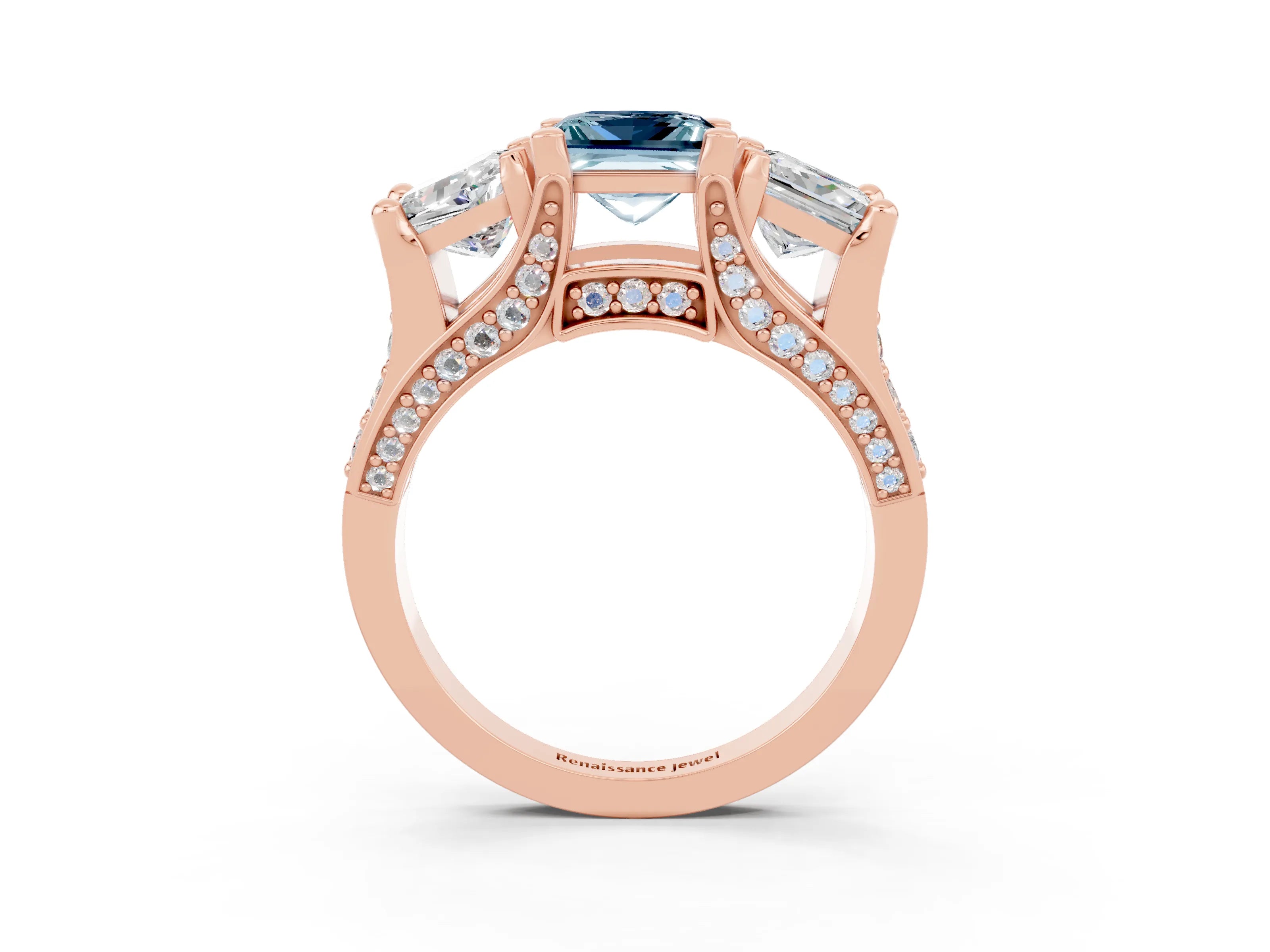 Rose gold Princess Cut Aquamarine Three-Stone Ring with Channel Set Band and Four-Prong Setting_3