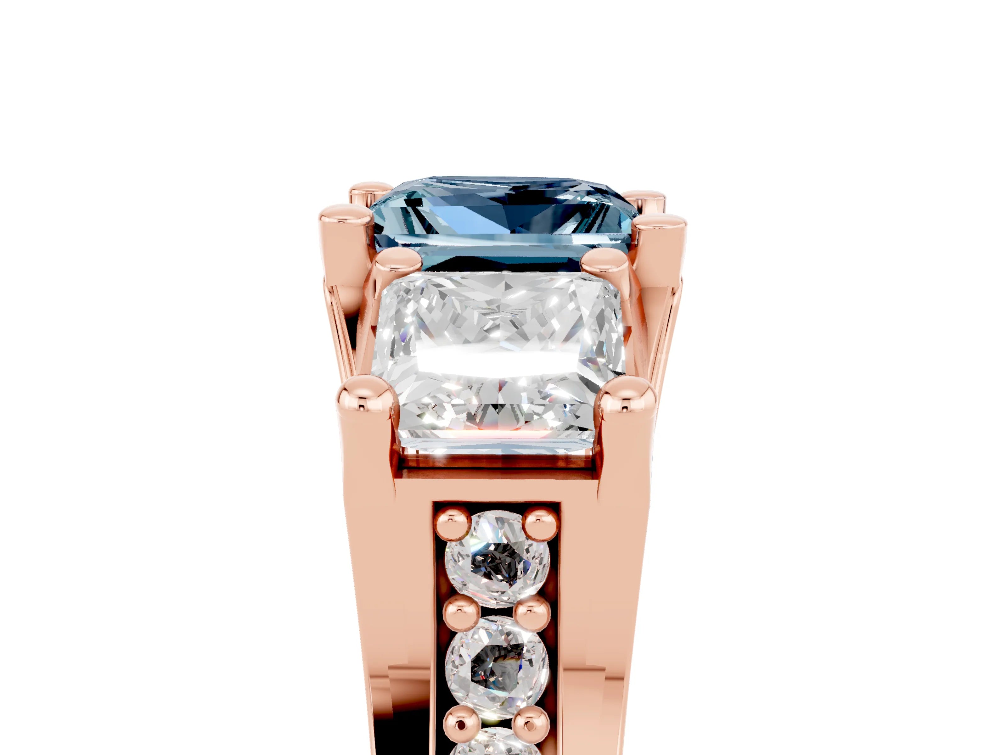 Rose gold Princess Cut Aquamarine Three-Stone Ring with Channel Set Band and Four-Prong Setting_5