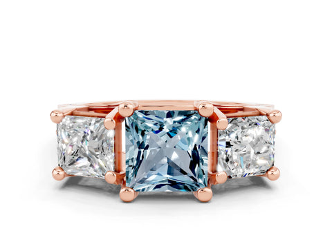 Rose gold Princess Cut Aquamarine Three-Stone Ring with Channel Set Band and Four-Prong Setting