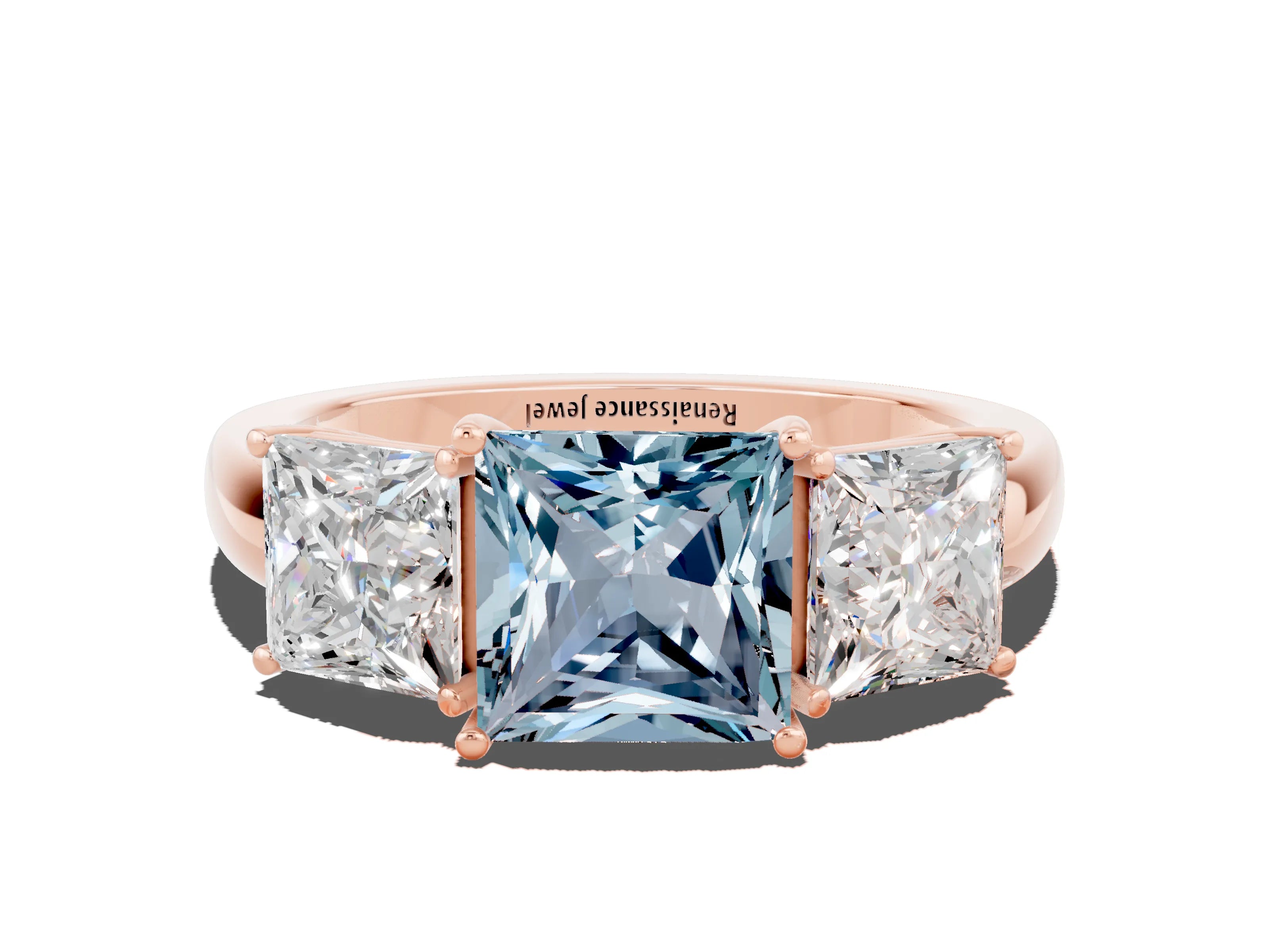 Rose gold Princess Cut Aquamarine Three-Stone Ring with Four-Prong Setting and Classic Band
