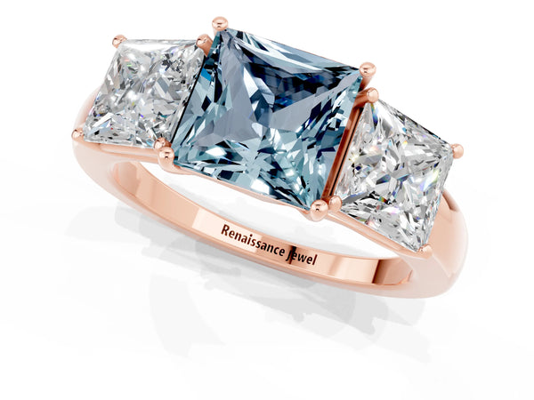 Rose gold Princess Cut Aquamarine Three-Stone Ring with Four-Prong Setting and Classic Band