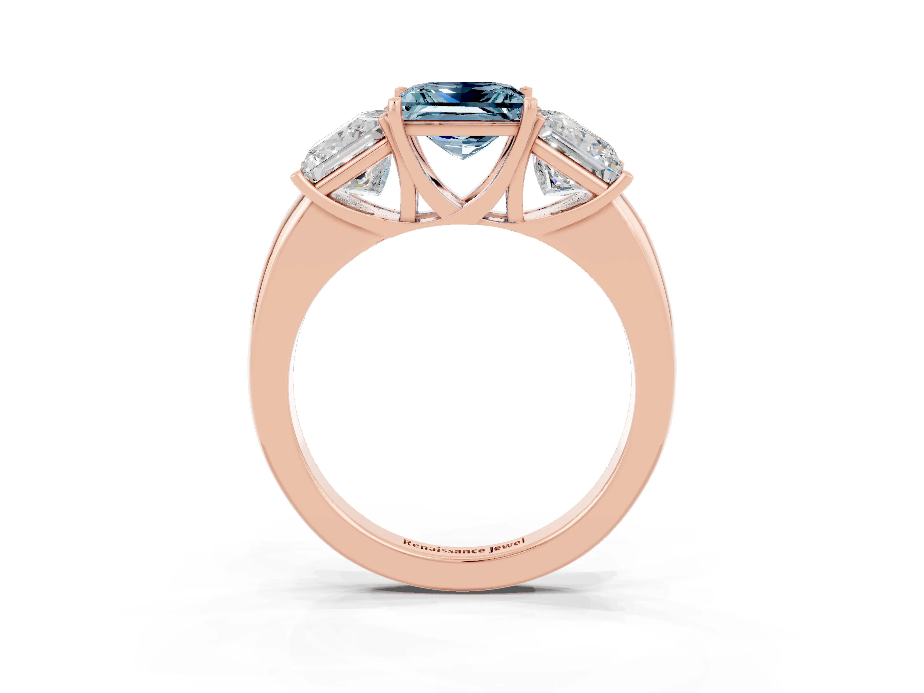 Rose gold Princess Cut Aquamarine Three-Stone Ring with Four-Prong Setting and Classic Band_3