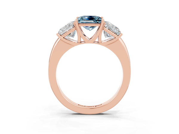 Rose gold Princess Cut Aquamarine Three-Stone Ring with Four-Prong Setting and Classic Band