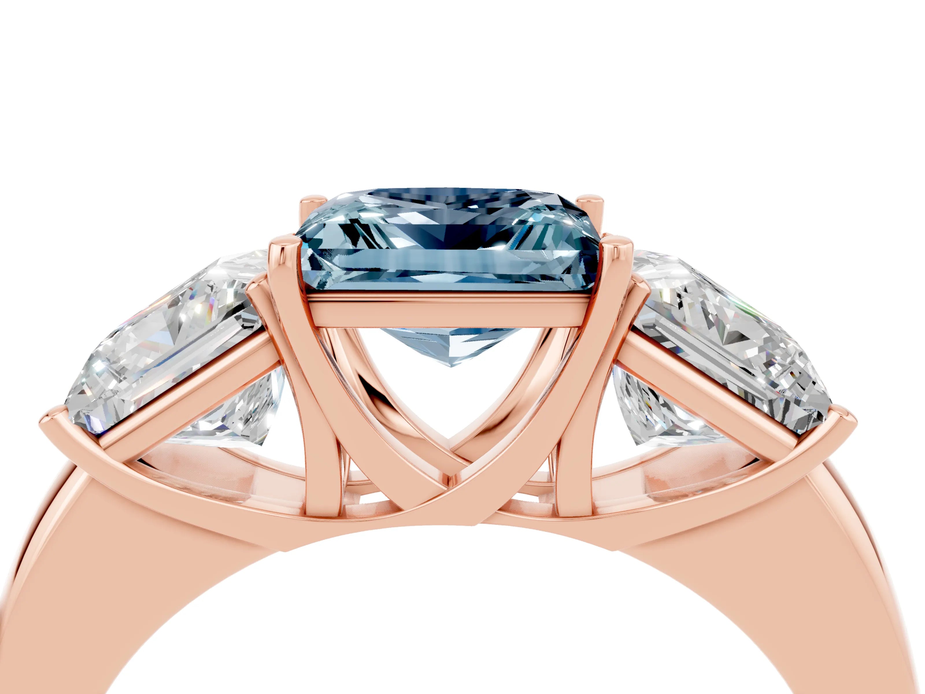 Rose gold Princess Cut Aquamarine Three-Stone Ring with Four-Prong Setting and Classic Band_4